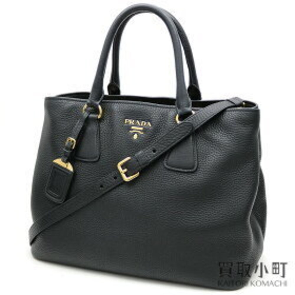 Prada tote bag metal logo black grained soft calfskin shoulder UWL VITDAINO NERO